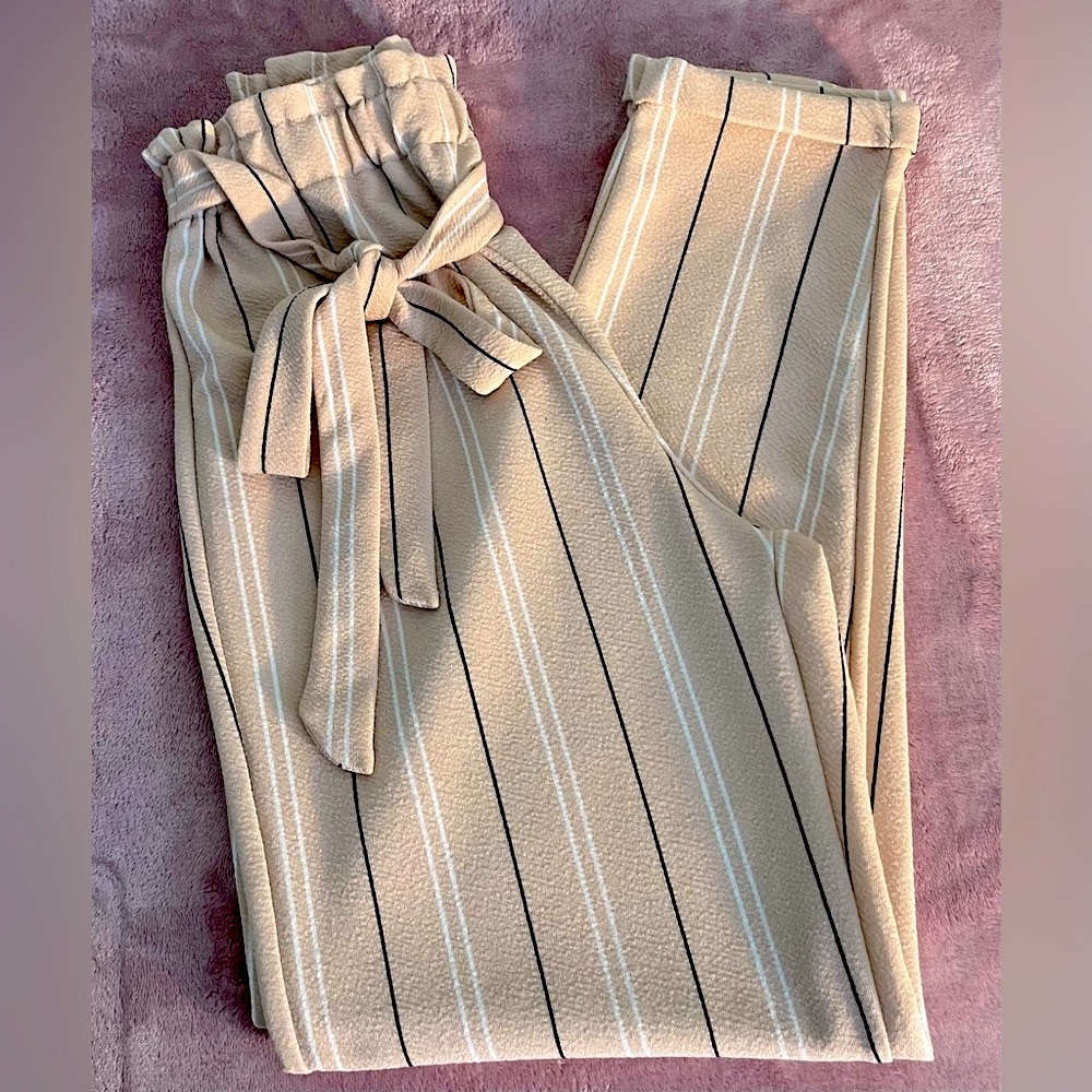 No Comment Pinstripe Gathered Waist Tie Belt Salmon Pink Pinstripe Dress Pants - Picture 2 of 9